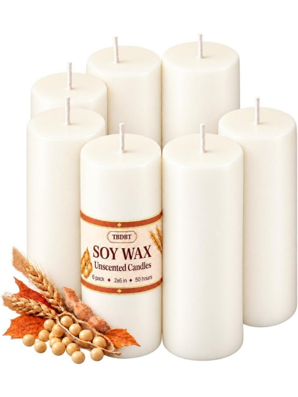 Set of 6 White Unscented Soy Pillar Candles - Non-Toxic 2x6 Inch, 50 Hour Burn